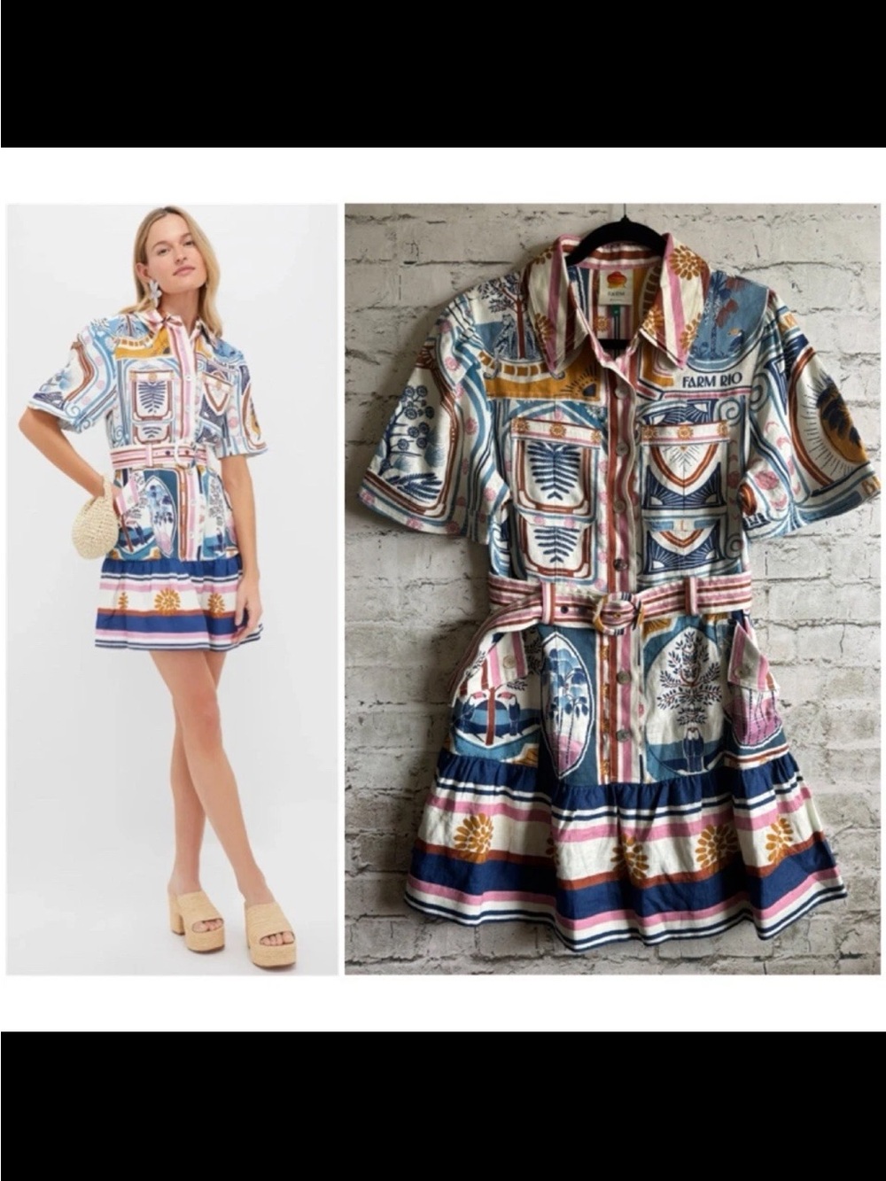 Farm Rio Cerrado Stamps Short Sleeve Belted Linen Mini Dress